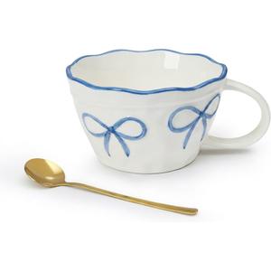 Koythin Large Bow Coffee Mugs, Vintage Coffee Mug, Irregular Ceramic Mug with Handle and Spoon, Cute Mugs Aesthetic for Home, Office, 13.5 oz for Tea, Milk, Cocoa and Oatmeal (Blue)