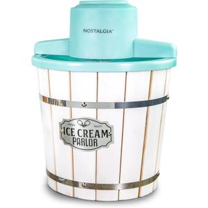 Nostalgia Electric Ice Cream Maker  Wood Bucket Parlor Style, Old Fashioned Soft Serve Ice Cream Machine Makes Frozen Yogurt or Gelato in Minutes - Fun Kitchen Appliance  White & Aqua - 4 Quart