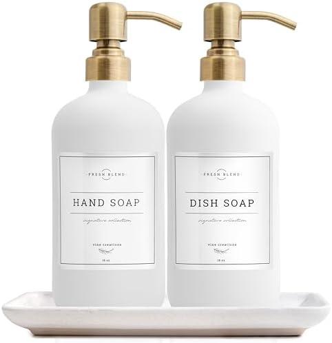 Vine Creations Glass Soap Dispenser, 2 Pack Kitchen Soap Dispenser Set with Ceramic Tray, Stainless Steel Pump, Dish Soap and Hand Soap Dispensers for Bathroom or Kitchen Decor with Waterproof Labels