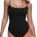 REORIA 2025 Lace Bodysuit for Women Square Neck Sleeveless Spaghetti Strap Sexy Tank Top Thong Bodysuit Going Out (Medium, Black Onyx)