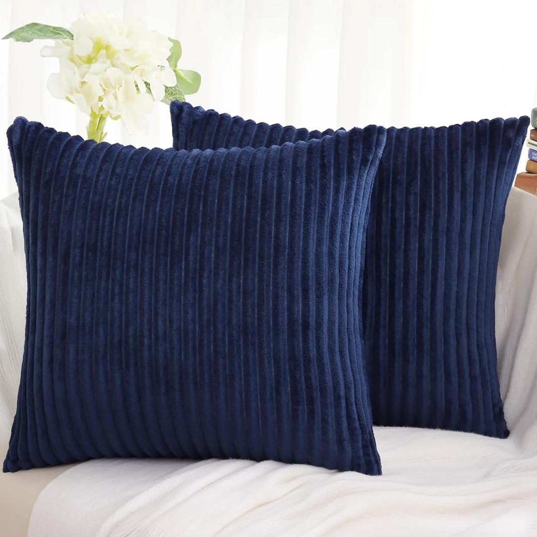 Simmore Decorative Throw Pillow Covers 18x18 Set of 2, Soft Natural Plush Flannel Double-Sided Fluffy Couch Pillow Covers for Sofa Living Room Home Decor, Navy Blue
