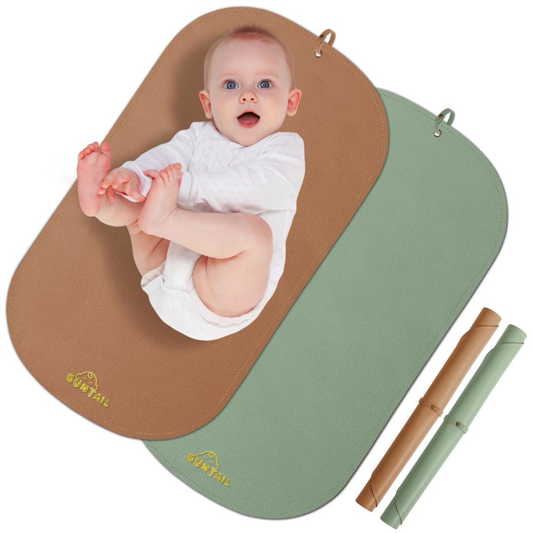 Portable Baby Diaper Changing Mat,Soft Faux Leather, Wipeable & Easy to Clean,for Home or Travel, Waterproof, with Storage Strap,Easily Put into Diaper Bag,30 x 17 in (Sage Green & Coffee)