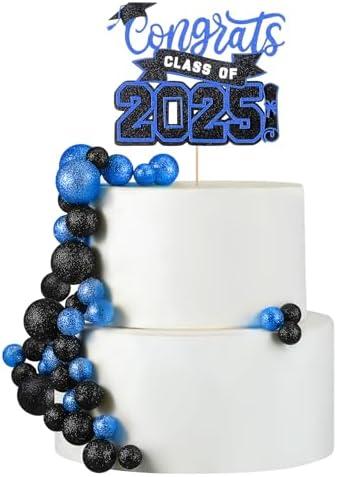 Zhehao 31 Pcs Graduation Cake Topper Class of 2025 Cake Topper Mini Balloon Black and Blue Decorations for Anniversary Party