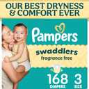 Pampers Swaddlers Diapers, Size 3 (13-26 lbs), 168 Count, Fragrance Free, Hypoallergenic, Absorbent, Pediatrician Recommended, Skin Safe