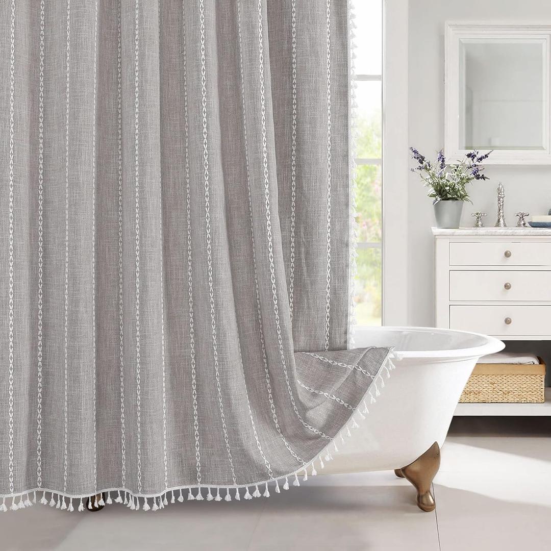 MitoVilla Boho Farmhouse Fabric Shower Curtain Set, Brown Grey Modern Cotton Linen Shower Curtains for Vintage Rustic Bathroom Decor, Country Tassel Thick Cloth Shower Curtain, 72" x 72"