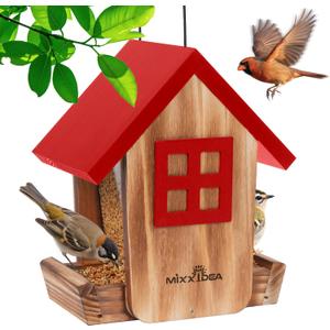 MIXXIDEA Bird Feeder for Outdoors Hanging, Wooden Bird Feeder House with Weatherproof Roof & Metal Tray, Attracting Wild Birds for Outside, Yard, Garden Decoration, Red