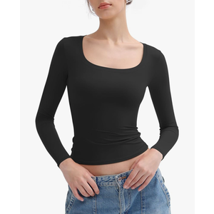 PUMIEY Women's Long Sleeve T Shirts Scoop Neck Slim Fit Going Out Tops Double Lined Basic Tee Smoke Cloud Collection XS