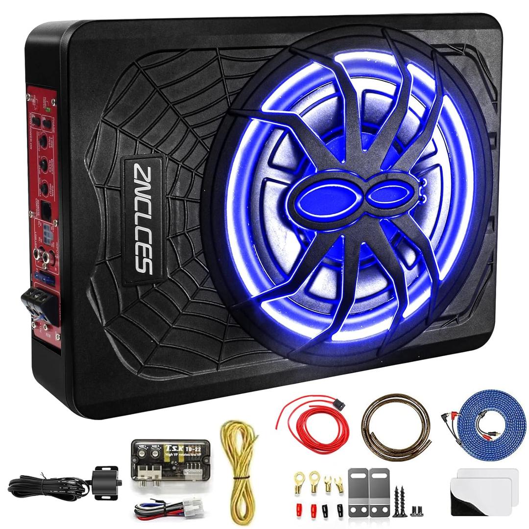 2025 Upgraded 10" 1200W Slim Under Seat Powered Car Subwoofer, Car/Truck Sub Built in Amplifier for Outstanding Heat Dissipation, Powerful bass and Blue LED (Blue Light)