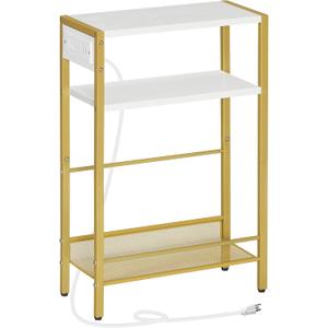 HOOBRO Small Narrow Side Table with Charging Station, Skinny End Table for Small Spaces, Slim Nightstand with USB Ports Outlet, Sofa Beside Table with Storage Shelf, White and Gold DW102UBZ01