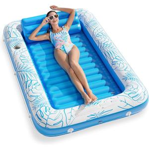 Inflatable Tanning Pool Lounger Float,Lake Floats for Adults - 71" X 71" Large Pool Floats with Headrest and Cup Holder Sunbathing Pool Lounge Raft Floatie Toys Water Filled Bed Mat Pad﻿