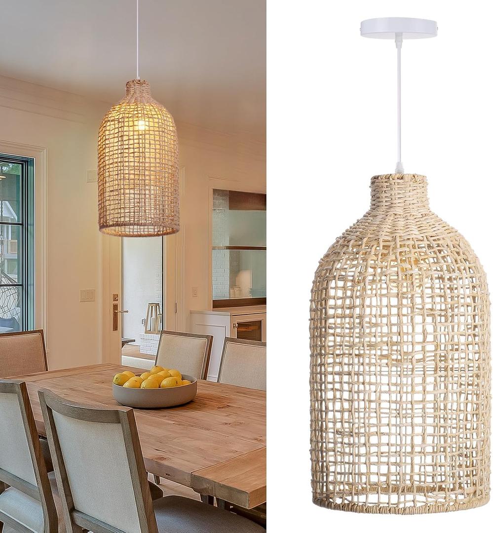 Arturesthome Farmhouse Pendant Light for Kitchen Island,Rattan Chandelier Lighting Woven Lampshade for Living Room Bedroom (11.8in x 21.6in Beige Iron Frame)