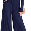 KIRUNDO Women's 2025 Spring Fashion Long Sleeve Wide Leg Jumpsuits Casual Dressy One Piece Square Neck Long Romper Pockets (Medium, Navy)