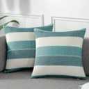 AmHoo Pack of 2 Farmhouse Stripe Check Throw Pillow Covers Set Case Cotton Linen Decorative Pillowcases Cushion Cover for Couch Bench Sofa 18x18Inch Teal Blue
