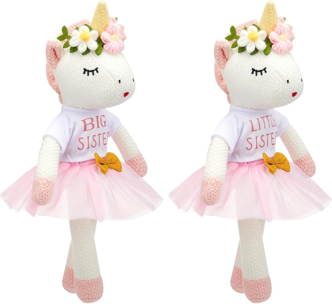 2 Pcs Big Sister Little Sister Gift for Girls 17 Inches Unicorn Stuffed Plush Doll Short Sleeve Outfits Short Sleeve T-Shirt Top and Pink Tutu Skirt Clothing Set Gifts for Toddler Kid Baby