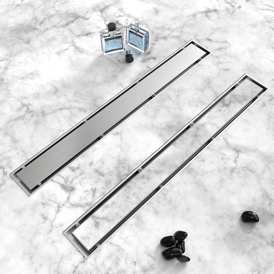 Shower Drain, 2 in 1 Linear Shower Drain 24 Inch(Brushed Nickel), 304 Stainless Steel Shower Floor Drain with Tile Insert Grate, Adjustable Feet, Hair Filter