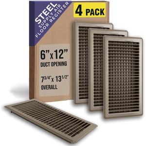 [4 Pack] Fits 6x12 and 12x6 Duct Opening | Floor Register with Louvered Design by Handua | Heavy Duty Walkable Design with Damper | Floor Vent Grille | Easy to Adjust Air Supply Lever | Brown
