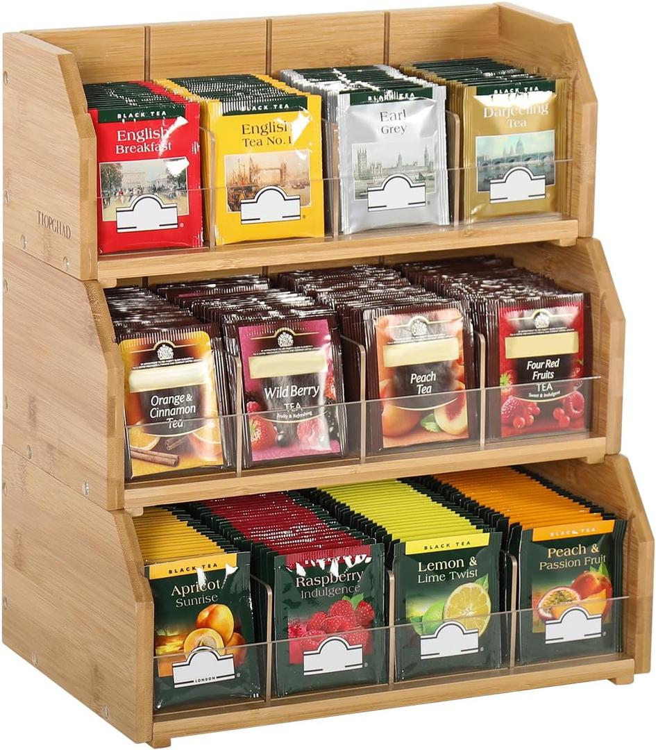 TIOPGHAD 3 Layer Stackable Bamboo Tea Bag Organizer Storage Holder for Tea Bags Wood Tea Box Containers Tea Rack Teabag Station Stand for Cabinet Countertop Office (Patented Design)