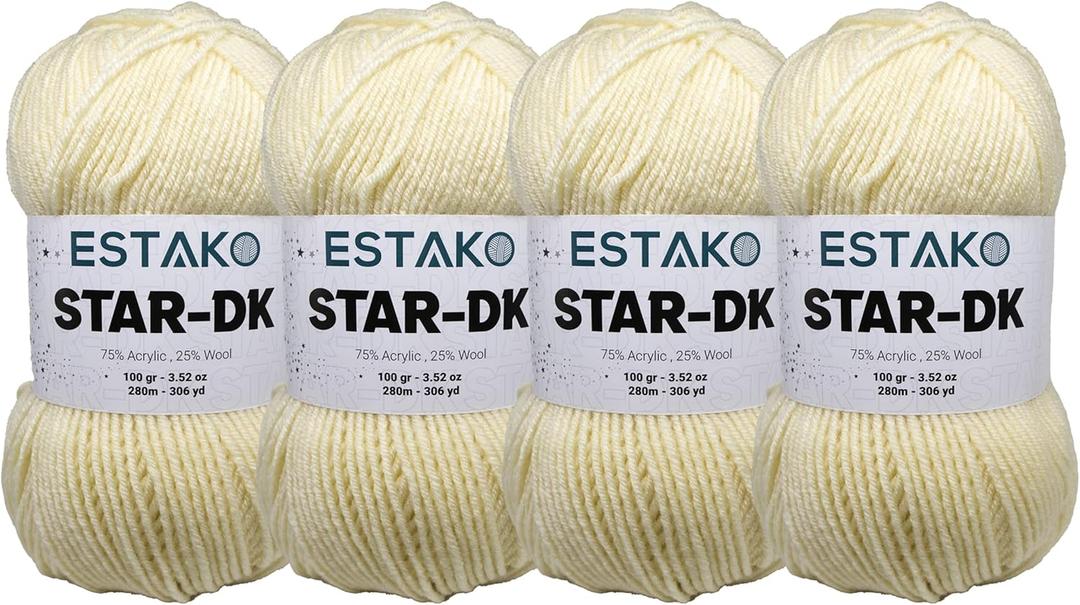 Estako Star-DK Yarn - (4 Skeins Pack) - 75% Acrylic 25% Wool - Soft Lightweight DK #3 - (4 x 3.52 Oz) / (4 x 306 Yrds) - Crochet & Knitting Yarn (30299 - Cream)