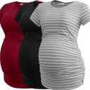 Smallshow Women's Maternity Tops Side Ruched Tunic T-Shirt Pregnancy Clothes (X-Large, Black/Light Grey Stripe/Wine)