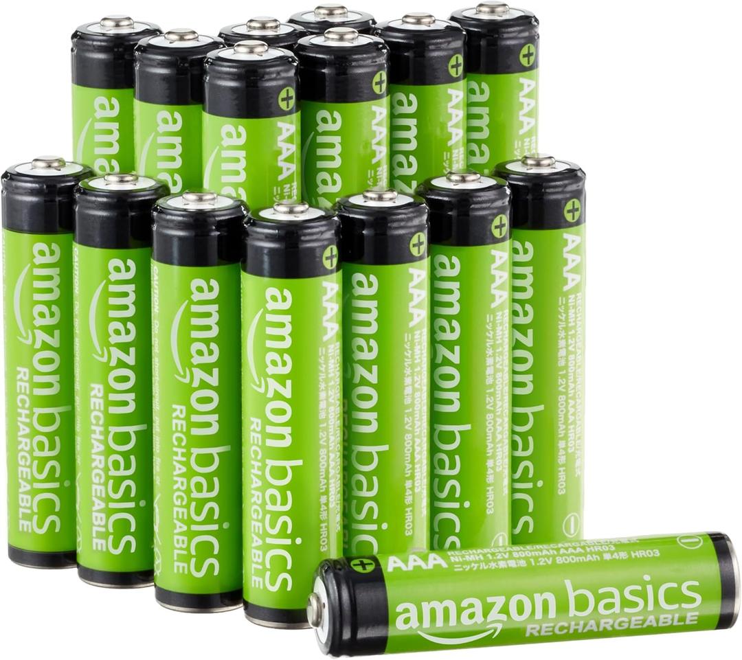 Amazon Basics 16-Pack Rechargeable AAA NiMH Performance Batteries, 800 mAh, 1.2V, Recharge up to 1000x Times, Pre-Charged