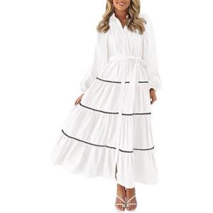 PRETTYGARDEN Womens Casual Dresses Loose Belted Long Lantern Sleeve Tiered Button Down Maxi Shirt Dress with Pockets, M
