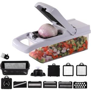 Vegetable Chopper: 10 in 1 Food Chopper - Onion Vegetable Slicer Cutter Dicer, Veggie Cutter with Container, 7 Blades, Kitchen Gadgets for Carrot Salad Garlic Potato Slicer (Black/White)