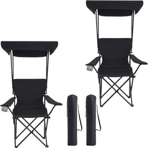 Portable Camping Chair 2 Pack with Foldable Canopy, Folding Outdoor Chair with Cup Holder & Side Pocket for Camping, Hiking, Picnic, Beach (Black)