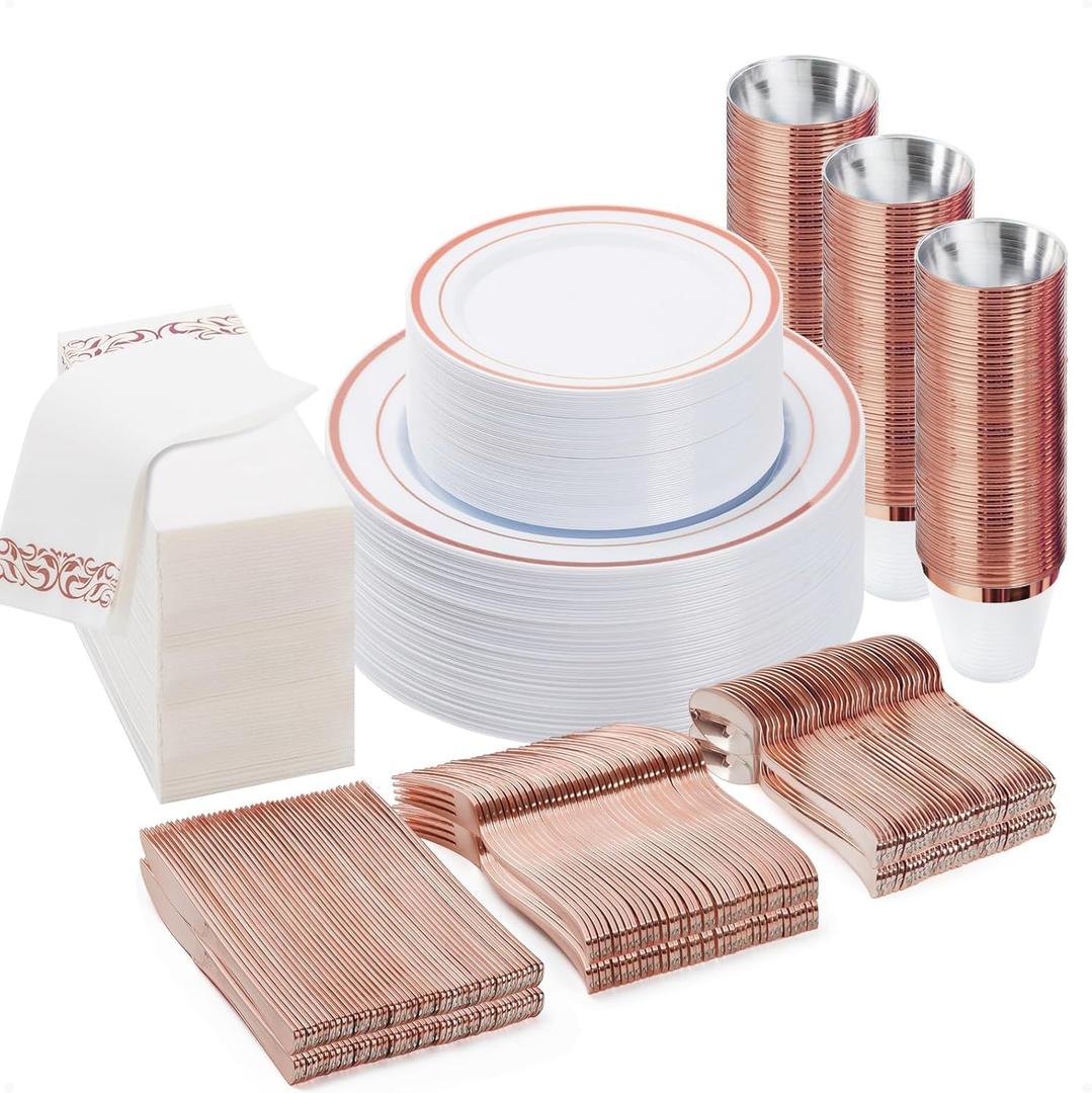 BESTVIP 350PCS Rose Gold Disposable Dinnerware Set for 50 Guests, Plastic Plates for Party, Wedding, Christmas, Include: 100 Plastic Plates, 50 Silver Silverware, 50 Cups, 50 Napkins