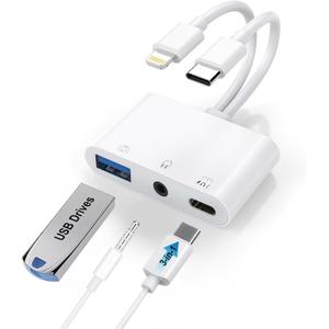 USB-C & Lightning to 3.5mm Headphone Adapter, 3-in-1 USB OTG Camera Adapter & Aux Headphone Splitter, Supports Charging/Audio/Data Transfer for iPhone 16/15/14/13/12, Samsung Galaxy S25/24, Laptops