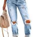 KUNMI Women's Ripped Mid Waisted Boyfriend Jeans Loose Fit Distressed Stretchy Denim Pants (Blue, XS) 1009-blue 
