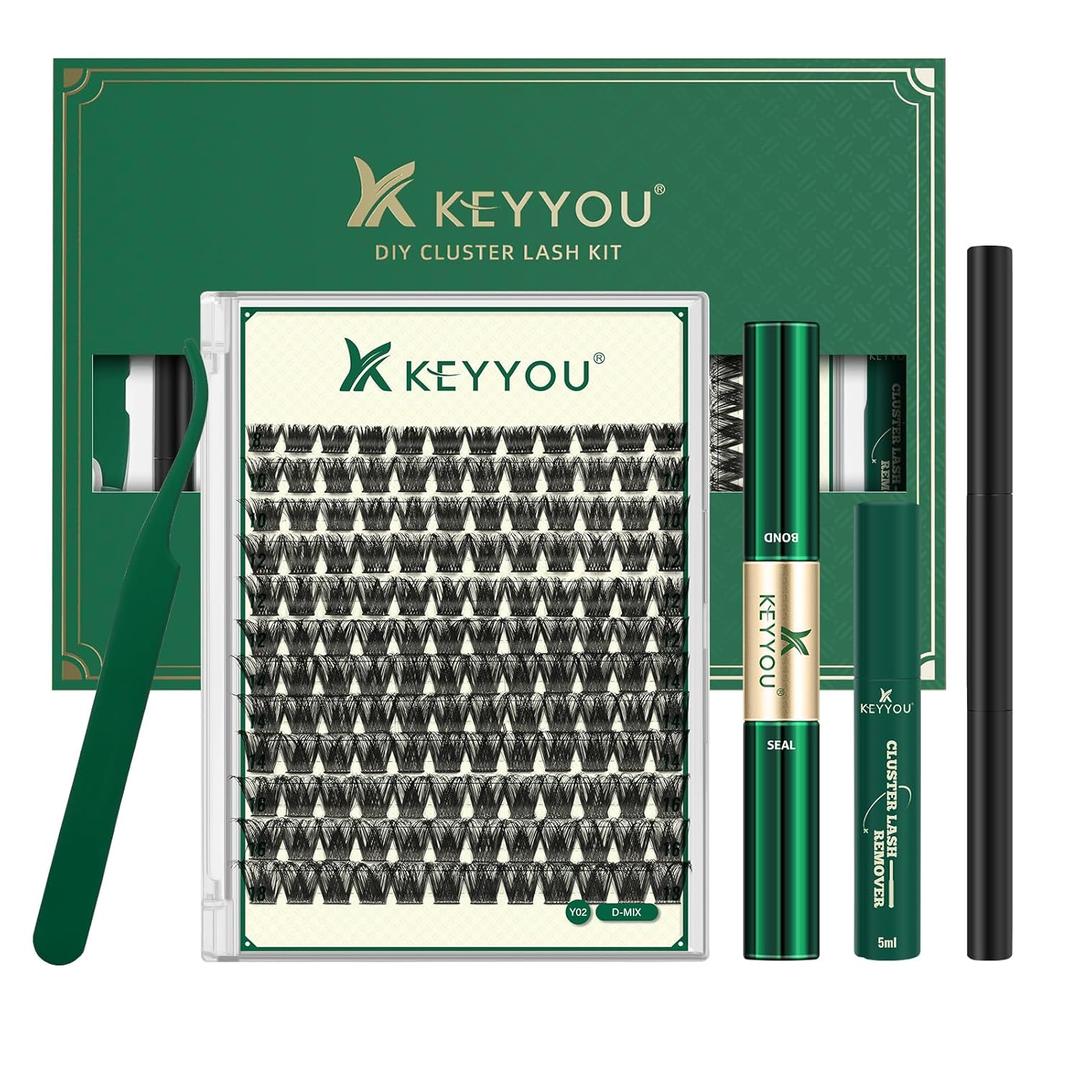 KEYYOU Lash Clusters Kit 144pcs Thick Volume D Curl Eyelash Clusters Lash Extension Kit with Mascara Brush Bond and Seal Glue Remover Applicators and Brush for DIY Lash Extensions (Y02)