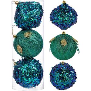 Briful 3.93'' Christmas Ball Ornaments Xmas Tree Decorations, Elegant Peacock Blue Christmas Ornaments for Home Decor Indoor Garland Holidays  Set of 3 Unique Designs