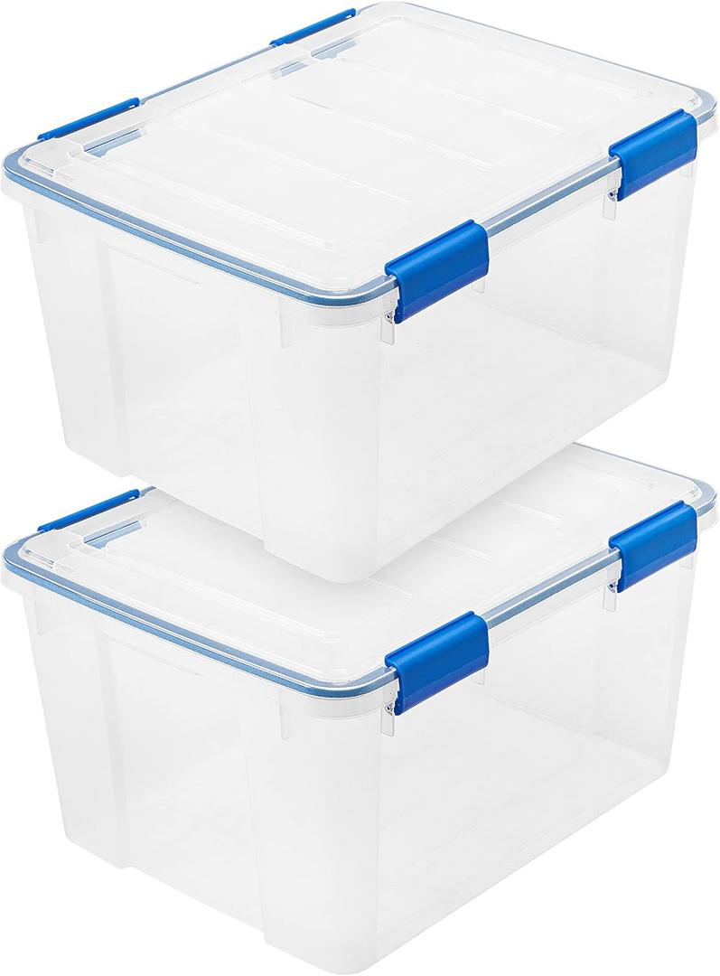 IRIS USA WeatherPro 44 Qt Storage Bins with Lids, 2 Pack, BPA-Free Plastic Gasket Box with Tight Latch and Seal, Stackable Nestable Tote Tub - Clear/Blue