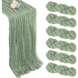 6 Pack Sage Green Table Runner Easter 10ft Boho Gauze Fabric Cheesecloth Table Runner 35 x 120 Inch Rustic Sheer Runner for Wedding Spring Decor Baby Shower Party Table Decorations