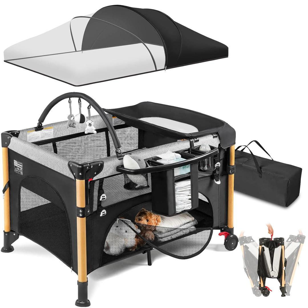 Baby Bassinet Bedside Crib for Travel with One-Hand Setup 5-in-1 Foldable Baby Playpen, Portable Pack and Play with Bassinet,Diaper Changer & Adjustable Mattress for Newborn to Toddler (Black)
