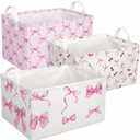 3 Pcs Pink Bow Storage Basket, Coquette Girls Rectangle Storage Bins Box with Handles, Bows and Chery Shelf Basket Ideal for Room Nursery Decor, Books, Organizing Clothes, Toys