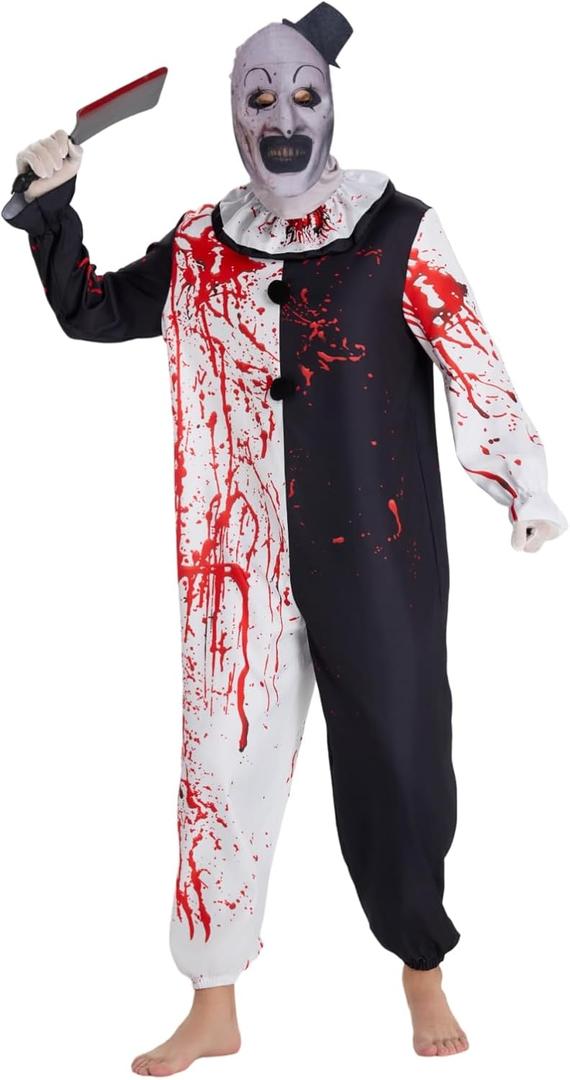 5 PCS Art the Clown Costume Jumpsuit Outfit Halloween Men Cosplay Terrifier Costume with Mask Knife Gloves (XX-Large)