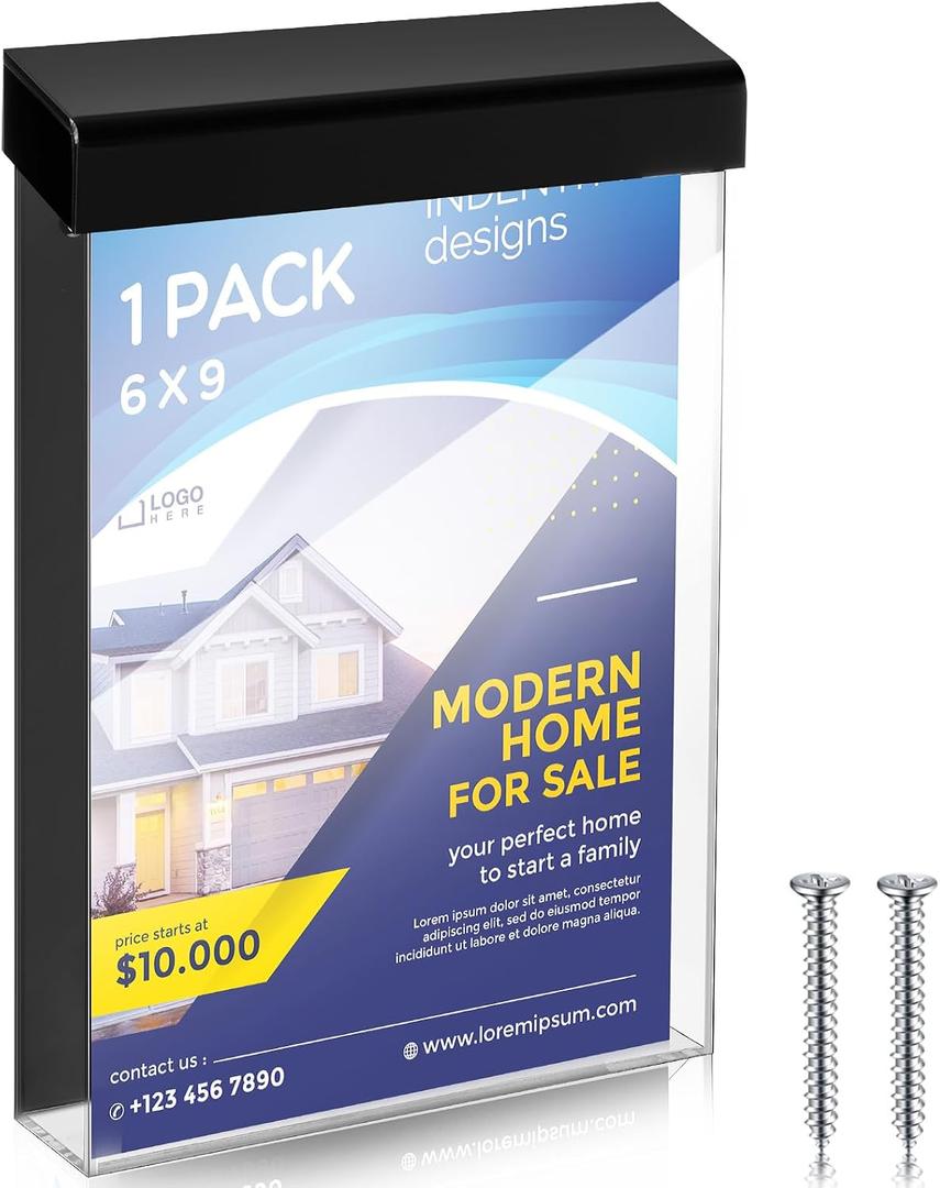 Thyle 6 x 9 Inch Outdoor Brochure Holder with Lid Acrylic Wall Mount Literature Box with Self Closing Lid Waterproof Clear Heavy Duty with Screws for Flyer Document Pamphlet Display (Black)