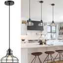 Industrial Pendant Lights Kitchen Island Black 8.7", Hanging Light Fixtures with Clear Glass and Metal Cage, Farmhouse Kitchen Pendant Light for Dining Room, Bedroom, Living Room