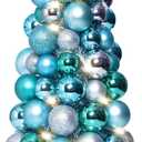 Amooca 16in Christmas Ball Tree with LED Lights Table Centerpiece Fireplace Decor Indoor Holiday Party Home Decoration Light Blue Silver