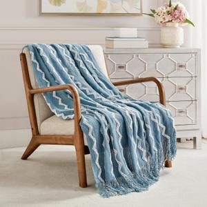 BOURINA Fluffy Chenille Knitted Fringe Throw Blanket Lightweight Soft Cozy for Bed Sofa Chair Throw Blankets, Blue 50" x 60"