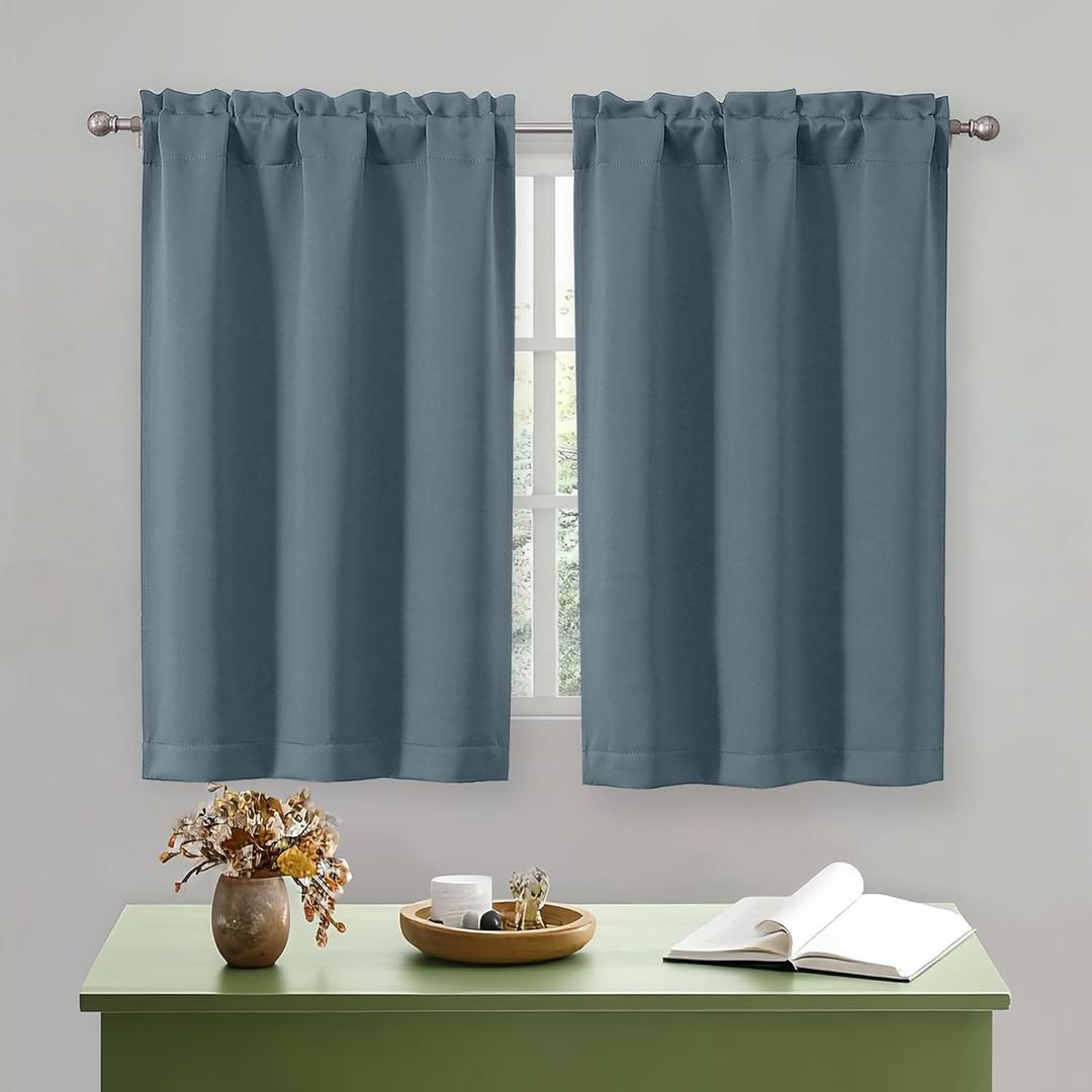 OWENIE Stone Blue Short Blackout Curtains 45 Inch Length 2 Panels Set for Small Kitchen Bedroom Window, Rod Pocket Privacy Curtains Tier for Bathroom Basement Cabinet Camper RV Bunk, Each 30" Wx45 L