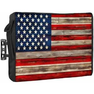 American Flag Outdoor TV Cover 60 to 65 Inches Weatherproof & Waterproof, Red Striped Blue Star Outdoor TV Enclosure with Remote Control Pocket, Vintage Wooden TV Screen Protectors for Outside TV