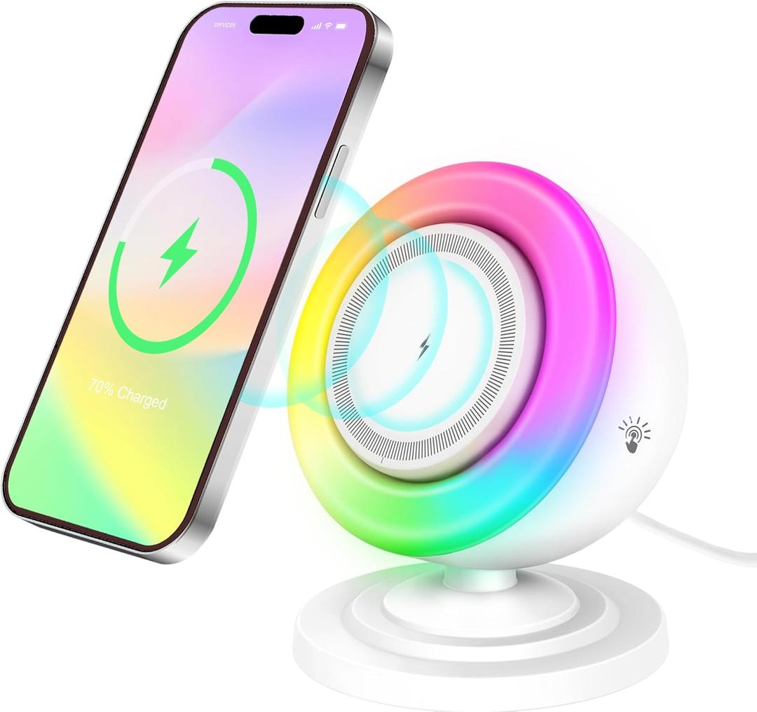 4 in 1 Bluetooth Speaker with 15W Magnetic Wireless Charger,Bedside Night Light,Touch Dimmable RGB Lights & Phone Stand for iPhone,Samsung,Android Device,(White)