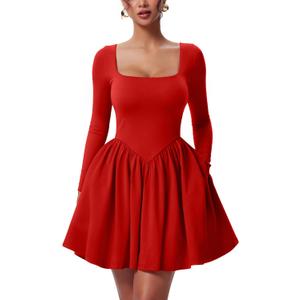YMDUCH Women's Casual Long Sleeve Square Neck Back Belt A Line Ruffle Hem Mini Dress with Pockets (Red, M)