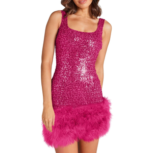 Wenrine Womens Sparkly Sequin Dress Bodycon Square Neck Fur Club Party Mini Dresses XL