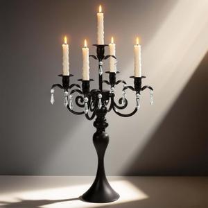 20''Tall Black Crystal Pendant Taper Candle Holders/Stylish Candle Stands/Candlesticks Holder/Candelabra for Home Decor, Weddings/Parties/Elegant Dining Table Centerpiece (1, Black) (5arm)