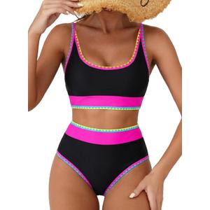 Herseas Women's Bikini Sets Floral Print Whip Stitch 2 Piece Swimsuits High Waisted Scoop Bathing Suits (L)