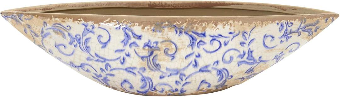 13in. Tuscan Ceramic Blue Scroll Decorative Bowl