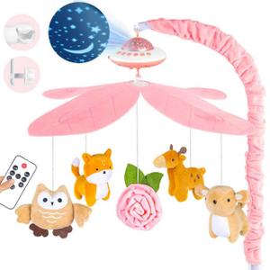 Baby Crib Mobile with Music and Lights, Nursery Baby Mobile for Crib Bassinet with Remote Control, Rotation, Starlight Projection, Crib Toys for Babies Boys Girls Pink